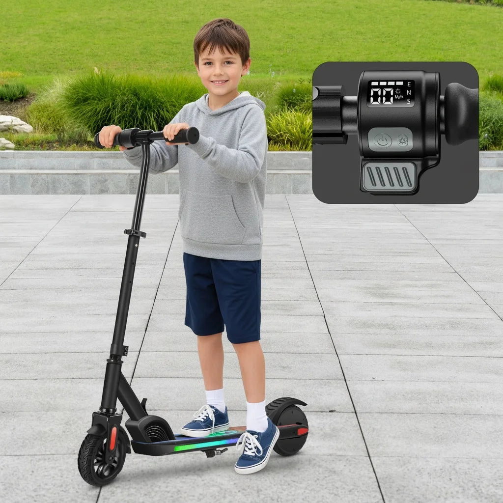 Child Electric Scooter 150W for Ages 6-12, 10 MPH & 7 Mile Range, Adjustable Speed & Height, Colorful LED Lights & Display
