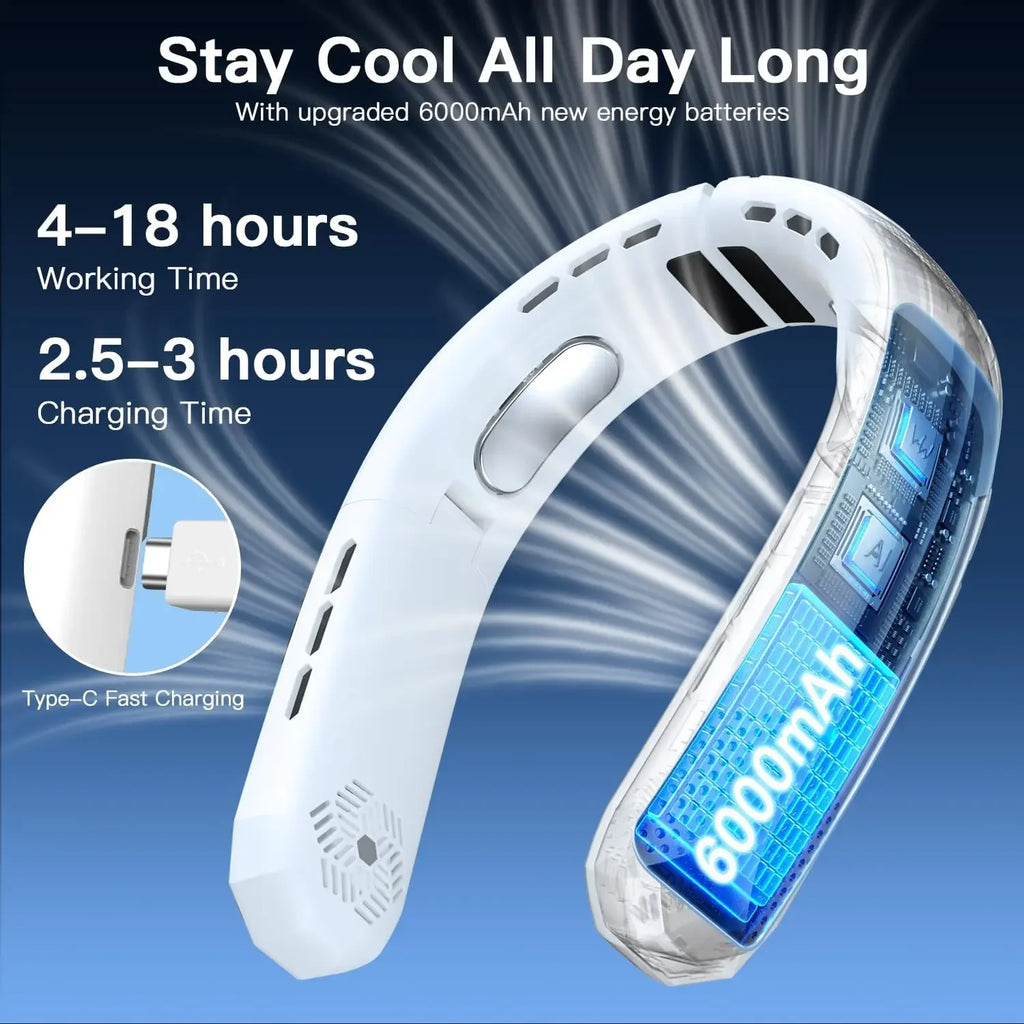 Portable Neck Fan, 6000mAh Battery Neck Fan Rechargeable, 360° Cooling Personal Fan, 3 Speeds Foldable Quiet Wearable Fan for camping，Travel Outdoor Indoor, Birthday Gifts