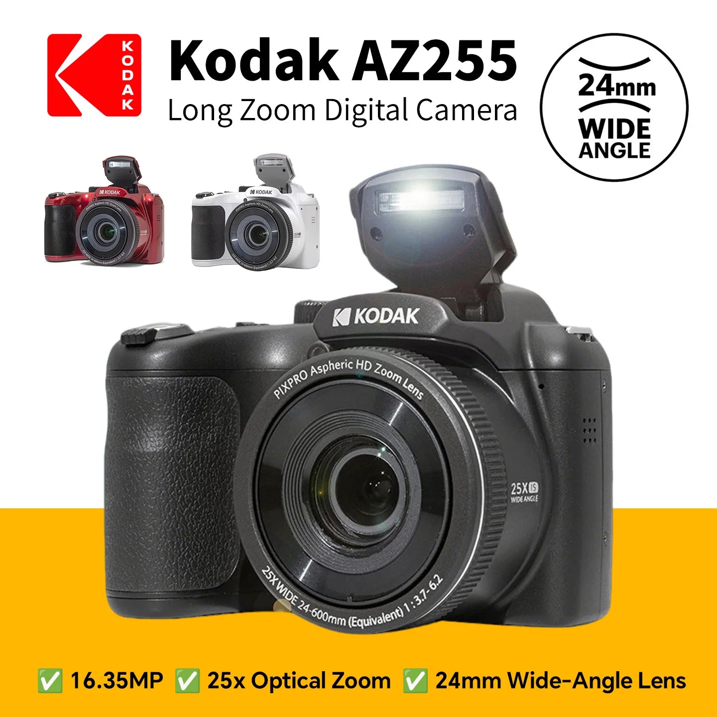 16MP Digital Camera KODAK PIXPRO AZ255 3 Inch LCD 1080P FHD Video Camera Professional Vlog 25X Optical Zoom 24mm Wide Angle OIS