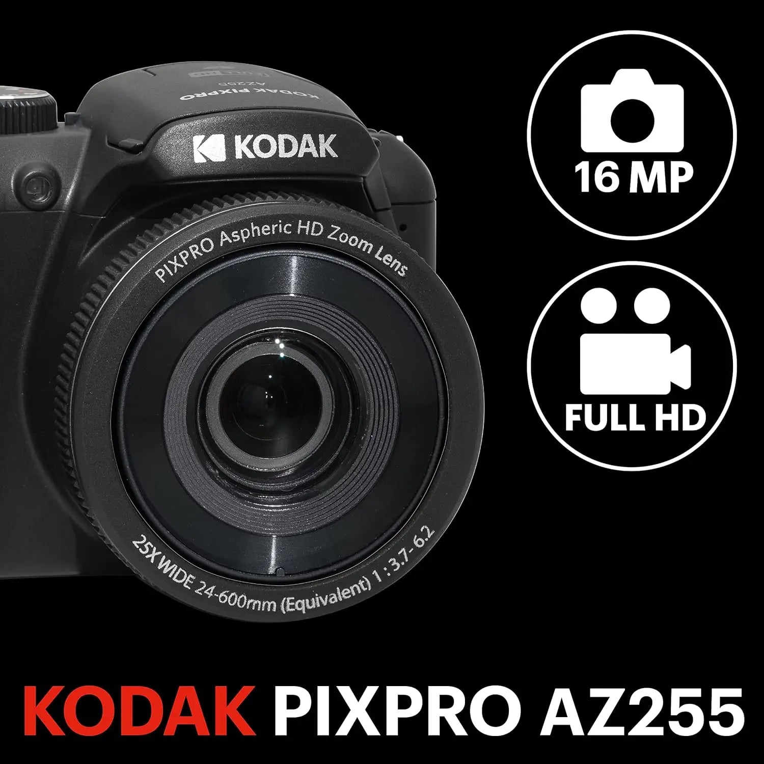16MP Digital Camera KODAK PIXPRO AZ255 3 Inch LCD 1080P FHD Video Camera Professional Vlog 25X Optical Zoom 24mm Wide Angle OIS
